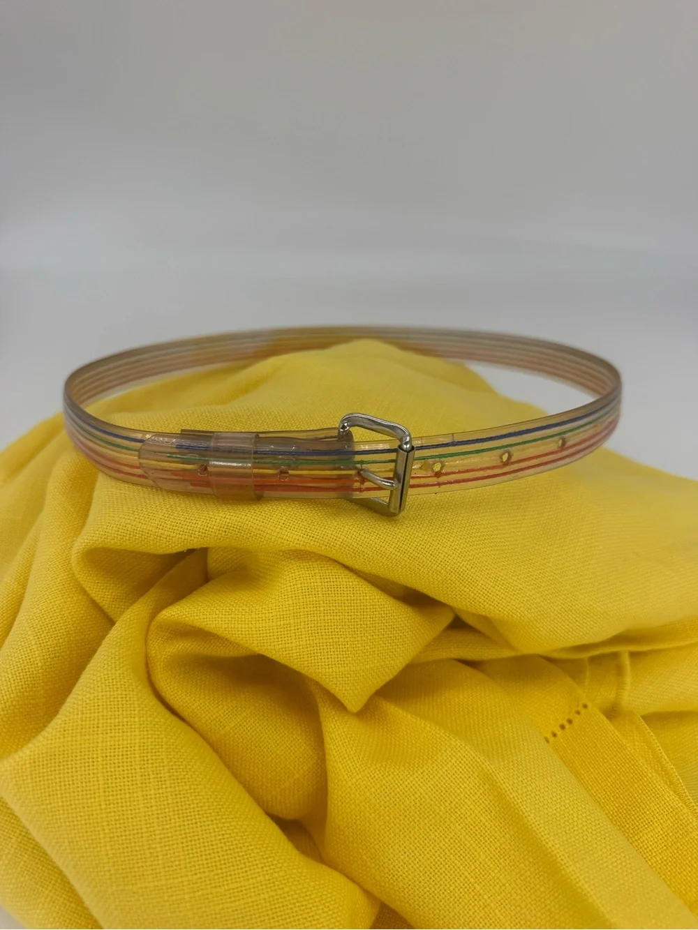 Vintage 80s Clear Acrylic Rainbow Striped Belt Silver Buckle OS